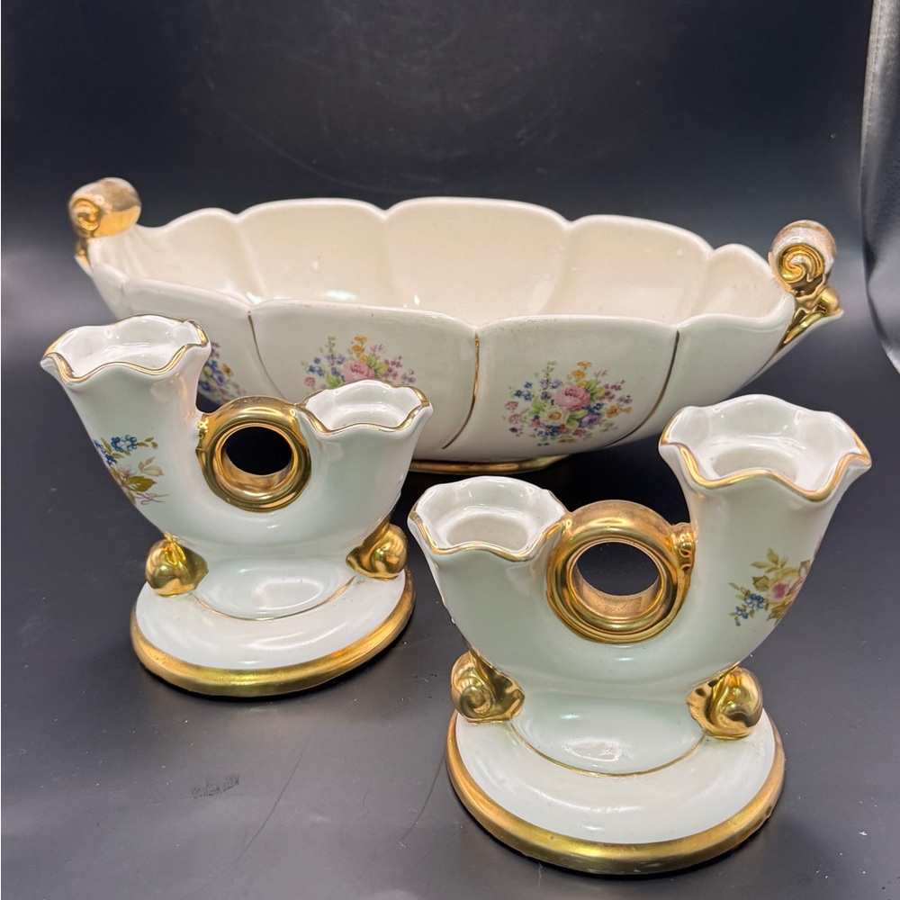 Abingdon USA Vintage Console Dish And Candlestick Holder Set, Floral With Gold